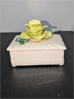 Vintage Lidded Porcelain Box w/ Green Flower