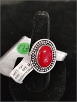 German Silver Red Coral Ring Sz 9