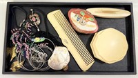 NICE VINTAGE FRENCH IVORY VANITY SET AND JEWELRY
