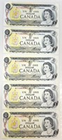 5 CRISP 1973 CONSECUTIVE CANADIAN ONE DOLLAR
