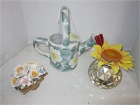 POTTERY WATERING CAN,FLORAL VASE & FLOWER FIGURINE