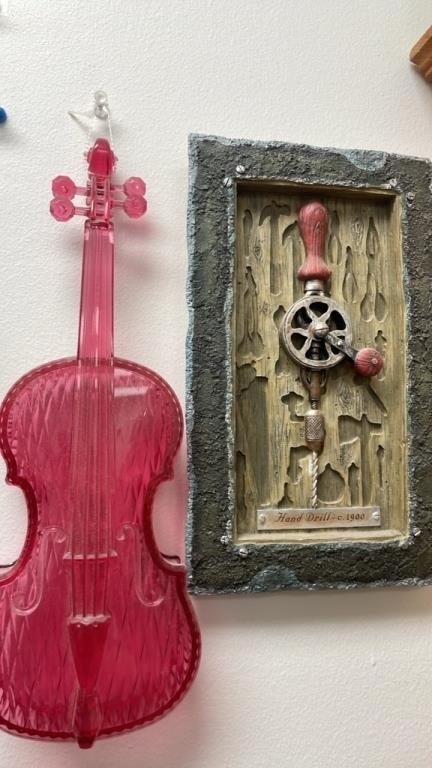 Hand Drill & Pink Violin Wall hanging lot