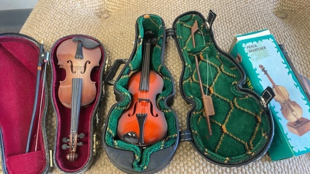 Miniature Violins with cases & pencil sharpener