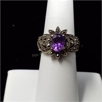 925 Sterling Purple Stone & Marcasite Ring Size 6
