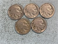Five 1928 Buffalo nickels