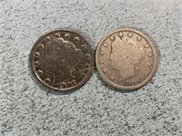 Two 1906 Liberty head nickels
