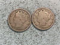Two 1912 Liberty head nickels