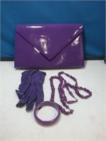 Purple vinyl purse with gloves and matching