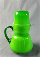 Art Glass Green Tumble Up Pitcher and Tumbler