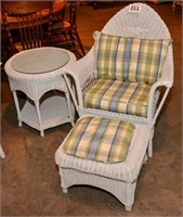 Wicker chair, side table & ottoman