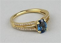 14K Gold, Blue Topaz & Diamond Ring.