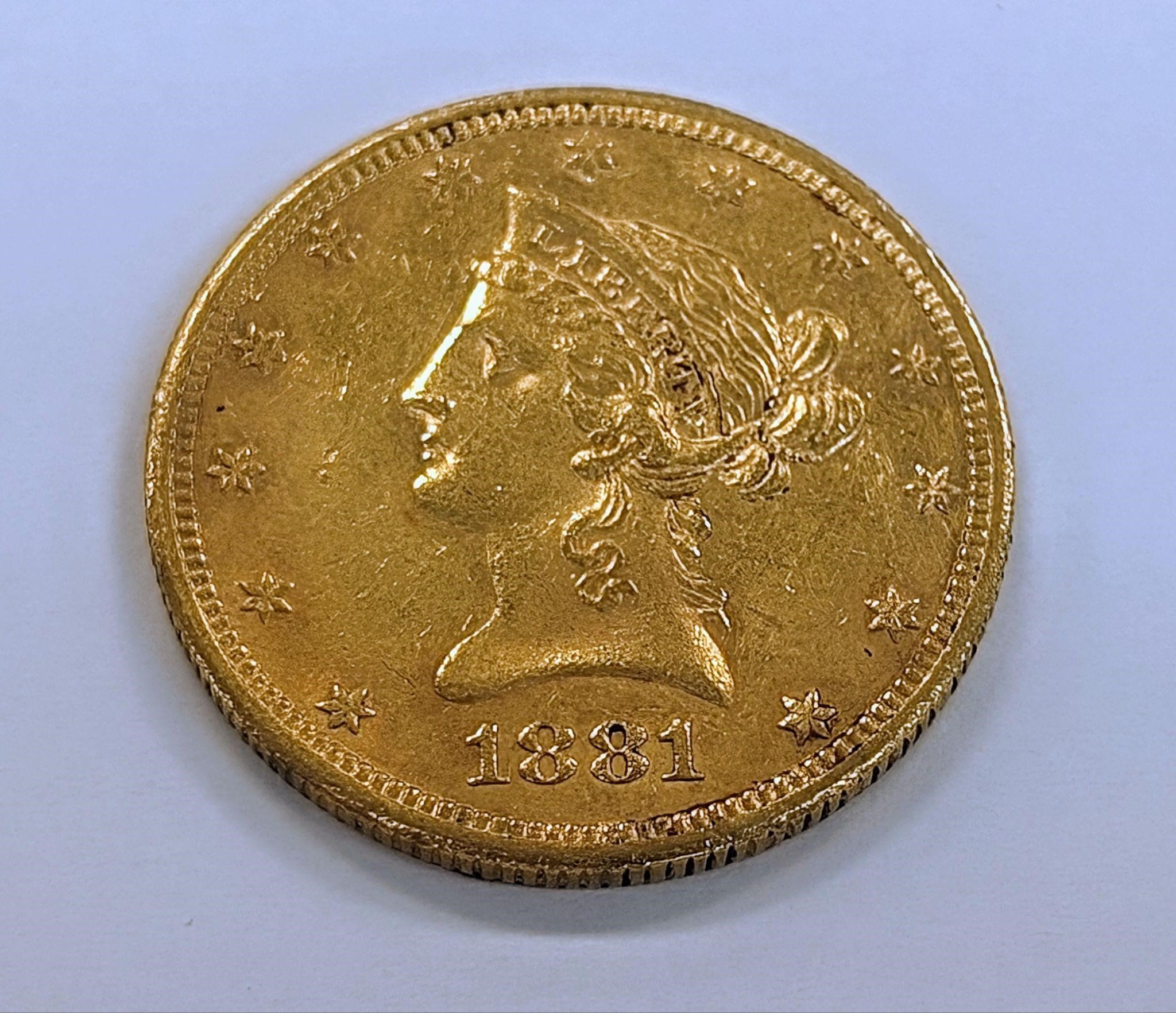1881 Liberty Gold Half Eagle Ten Dollar Coin