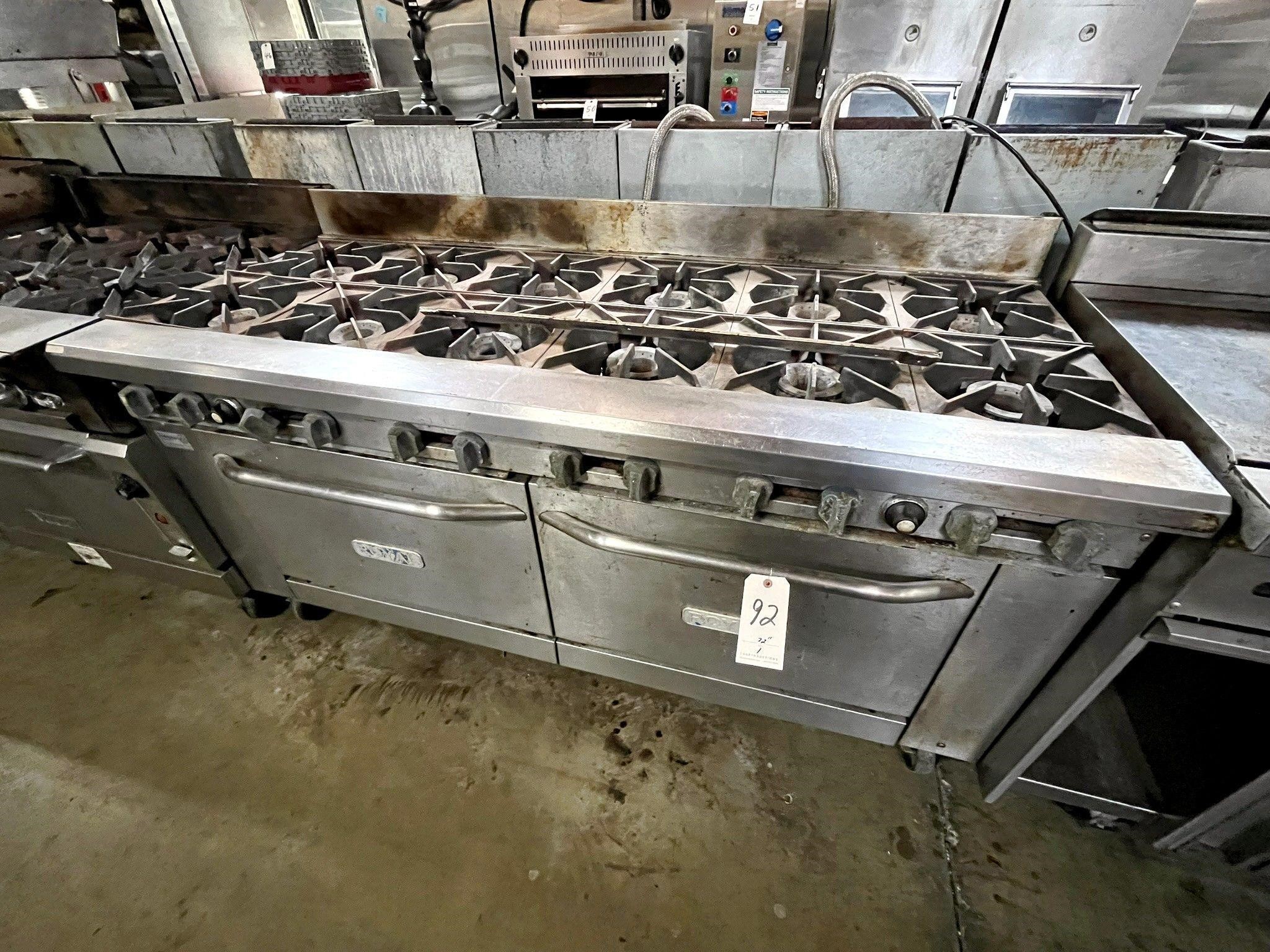 ROYAL S/S 12-BURNER RANGE W/(2)OVENS & CASTERS