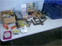 crate, squares, saws, miter box, bits