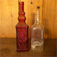 (2) Glass Bottles - 1 Red & 1 Jim Beam