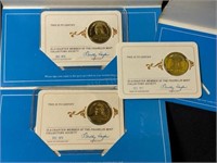 3 Gold Plated Silver Franklin Mint Collector Coins