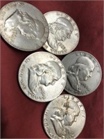Lot of 5 Silver half dollars Benjamin Franklin
