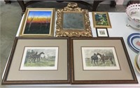 Group of Six Framed Paintings, Engraving, & Mirror