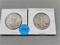2 Walking Liberty half dollars; 1935, 1942d.  Buye