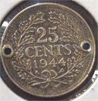 Silver 1944 wartime Netherlands quarter