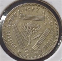 Silver 1953 South African  3 cent piece