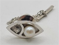 14K White Gold Tie Tack w/ Pearl & Diamond