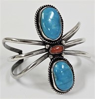 Navajo Sterling Turquoise & Coral Cuff Bracelet