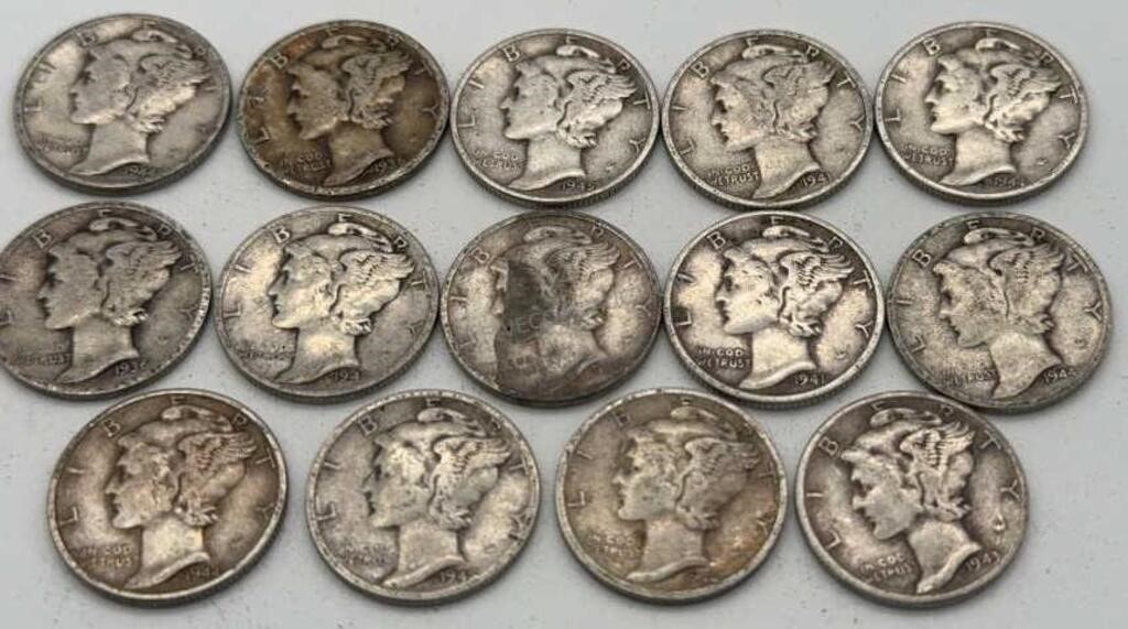 14 - 90% Silver Dimes 1936-1945