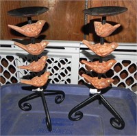 Pair Carved Wood and Metal Bird Candle Sticks