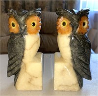 Pair Vintage Marble Carved Owl Bookends