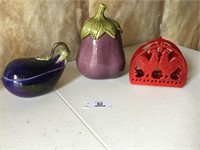 Ceramic Eggplants and Red Rooster Napkin Holder