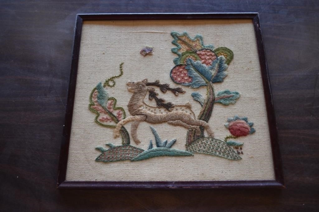 Framed Crewel Embroidery- Floral w/ Deer