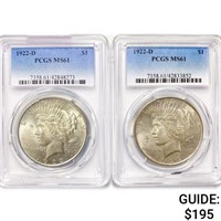 1922-D Set [2] Silver Peace Dollar PCGS MS61