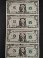 Sheet Of Four American $1.00 Bills Uncut