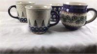 4 Polish Pottery Various Coffee Mugs