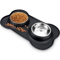 WF673  HKEEY Double Dog Bowls & Food Mat, 14.00 x