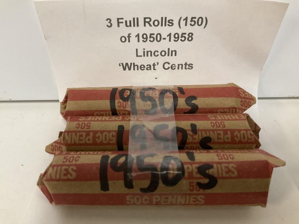 3 Full Rolls (150) 1950-58 Wheat Cents