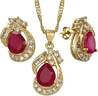 Gold-pl Pear 5.44ct Ruby & White Topaz Jewelry Set
