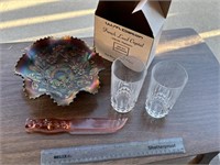 CARVIVAL GLASS DISH, GLASS KNIFE, LEAD GLASSES