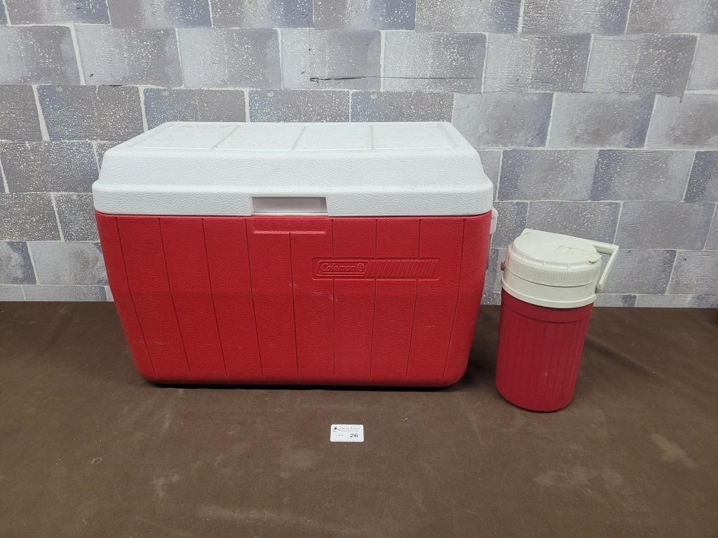 Red coleman cooler with water cooler