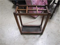Vintage cane/ umbrella stand (wood w/ metal tray)
