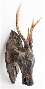 Folk Art Hand-Carved Wood Stag Bust with Antlers