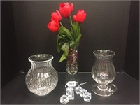 3 VASES, AND GLASS CUBES