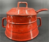 Vintage Red Ceramic Bean Pot W Ladle