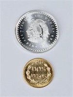 1945 Fine Gold Dos Peso & 1/10 Troy Ounce Silver
