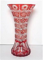 Ruby Cut to Clear Trumpet Form Vase