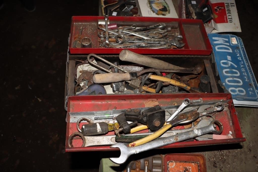 Metal toolbox including wrenches, ball peen