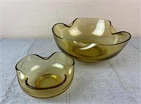 Lot of 2 Melted Edge Green Glass Bowls