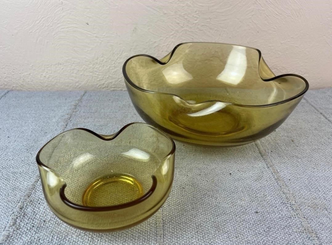 Lot of 2 Melted Edge Green Glass Bowls