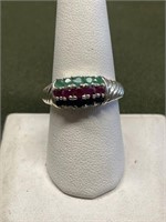 STERLING SILVER RING WITH EMERALDS, RUBIES, AND